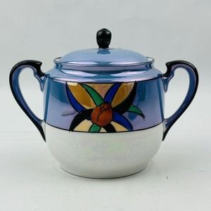 Vintage Noritake Floral Sugar‎ Bowl Blue Lusterware Handpainted Morimura M Japan